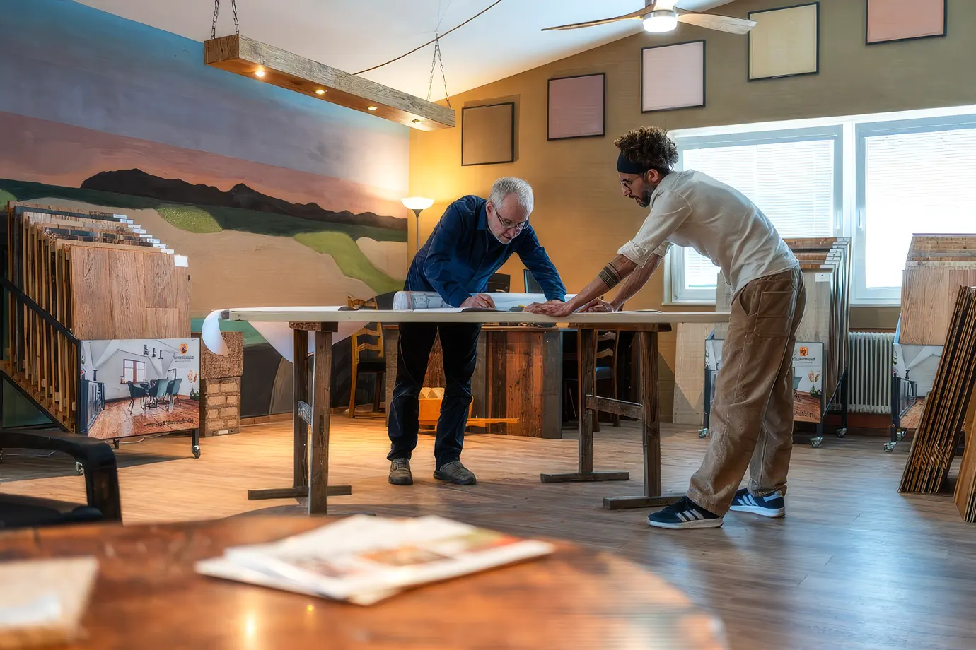 Roland Auer von Lehm & Holz am Beratungstisch im Showroom in Bergheim